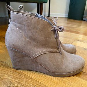 Tan Suede Lace-Up Wedge Booties